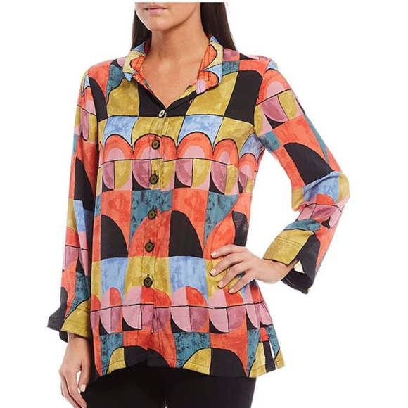 John Mark Colorful Geometric Button-Up Blouse - Picture 1 of 13